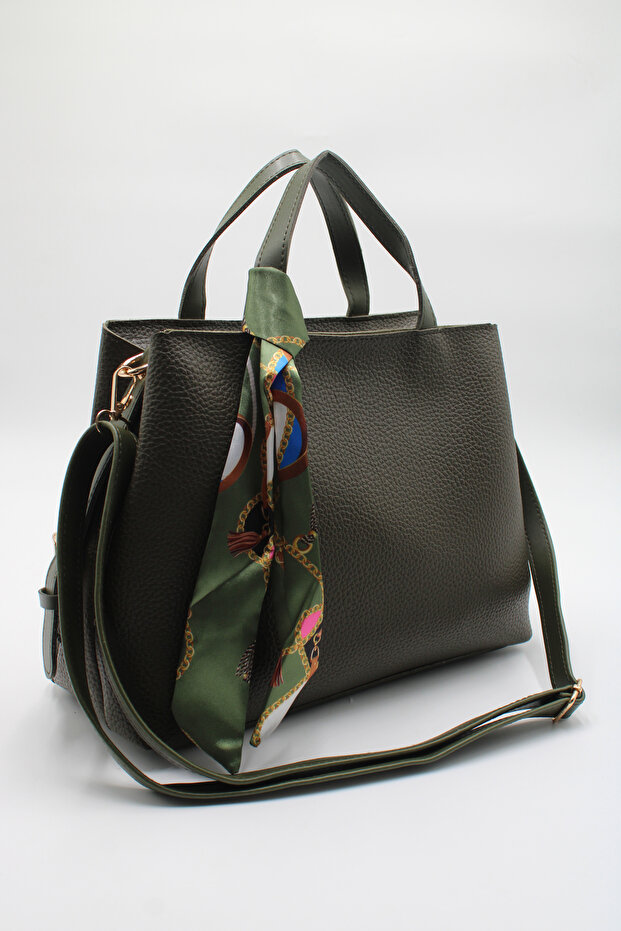 Women's Khaki Large Size Double Handle Scarf Detailed Hand, Arm and Shoulder Bag