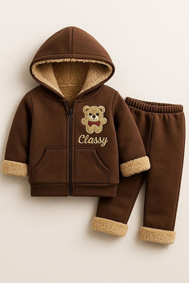 Teddy Bear Detailed Soft Plush Children's Winter Hoodie and Sweatpants Set