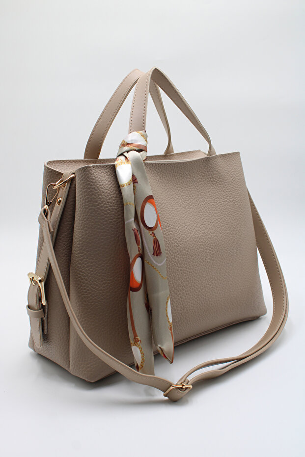 Women's Beige Large Size Inner Pocket Double Handle Scarf Detailed Useful Cross Strap Hand and Shoulder Bag