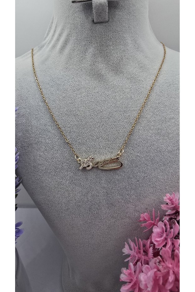 Zircon Stone M.K. Ataturk Signature Gold Color Steel Necklace Non-Tarnish-45Cm