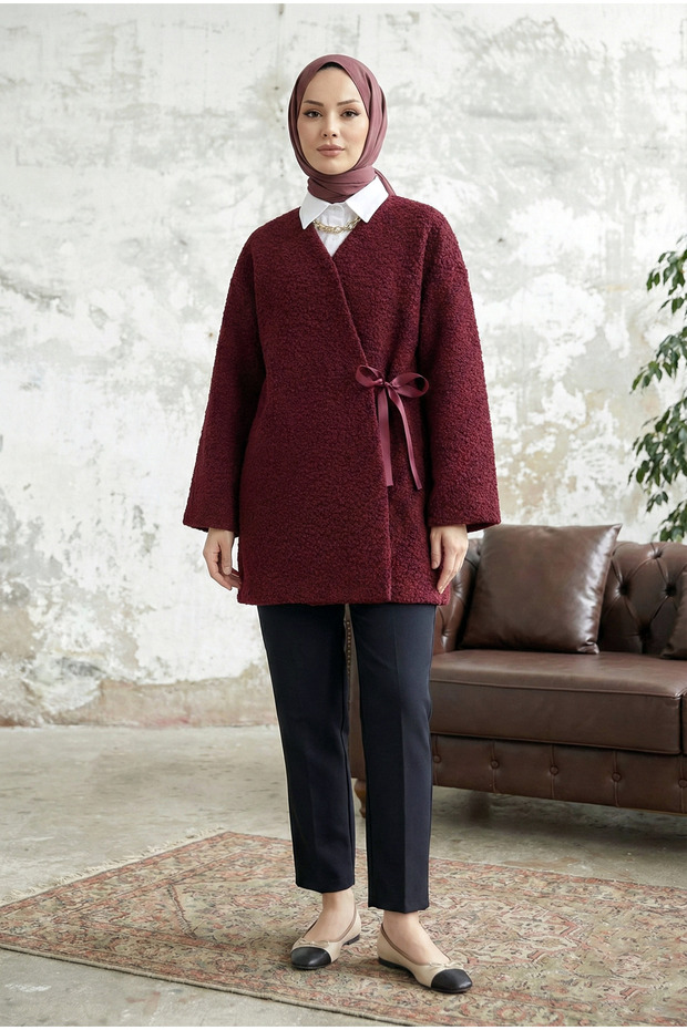 Side Tie Boucle Fabric Kimono -Burgundy