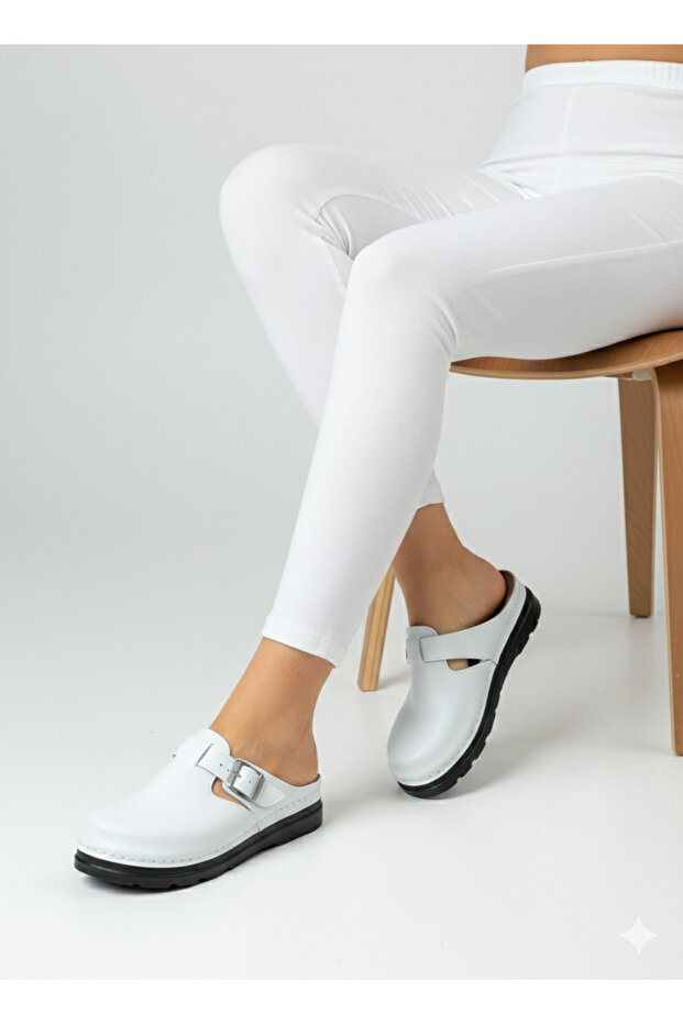 Women's Leather Closed-Front Adjustable Buckle Comfortable Flexible Nurse Chef Sabo Daily Home Slippers