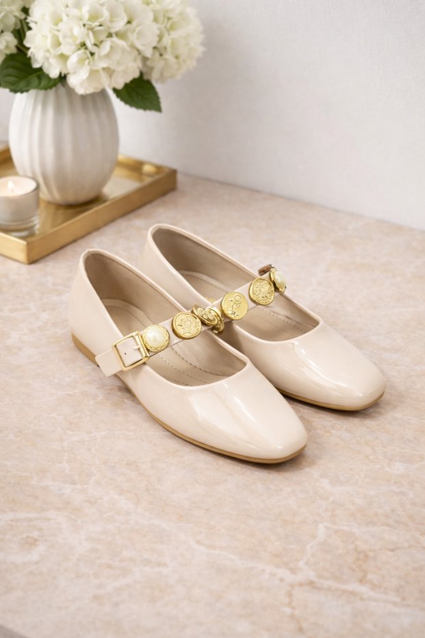 Women's Stone Buckle Patterned Ballerinas Stylish Buckle Orthopedic Sole Casual Shoes Ballerinas