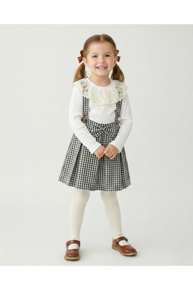 Girls' Plaid Salopet Dress Set – Long-Sleeved Blouse with Lace, Suspender Skirt Combination (Ages 2-9)