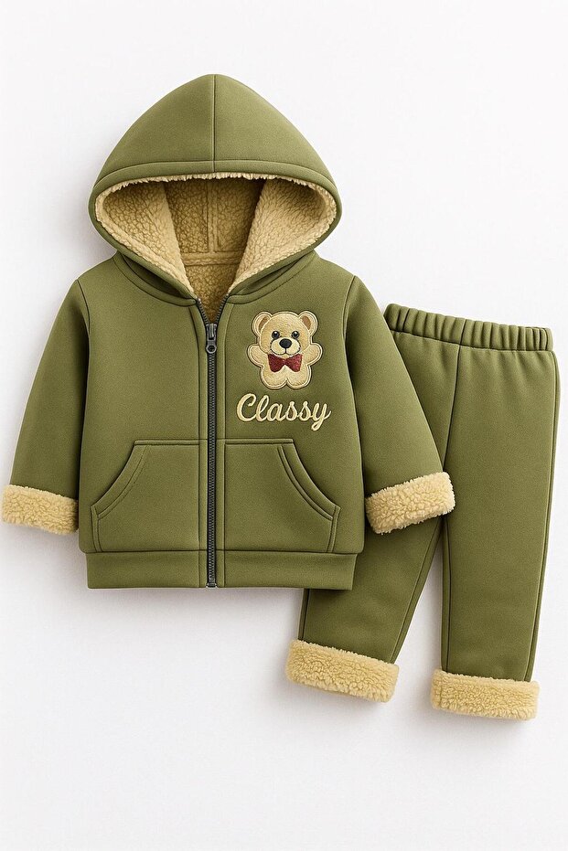 Teddy Bear Detailed Soft Plush Children's Winter Hoodie and Sweatpants Set