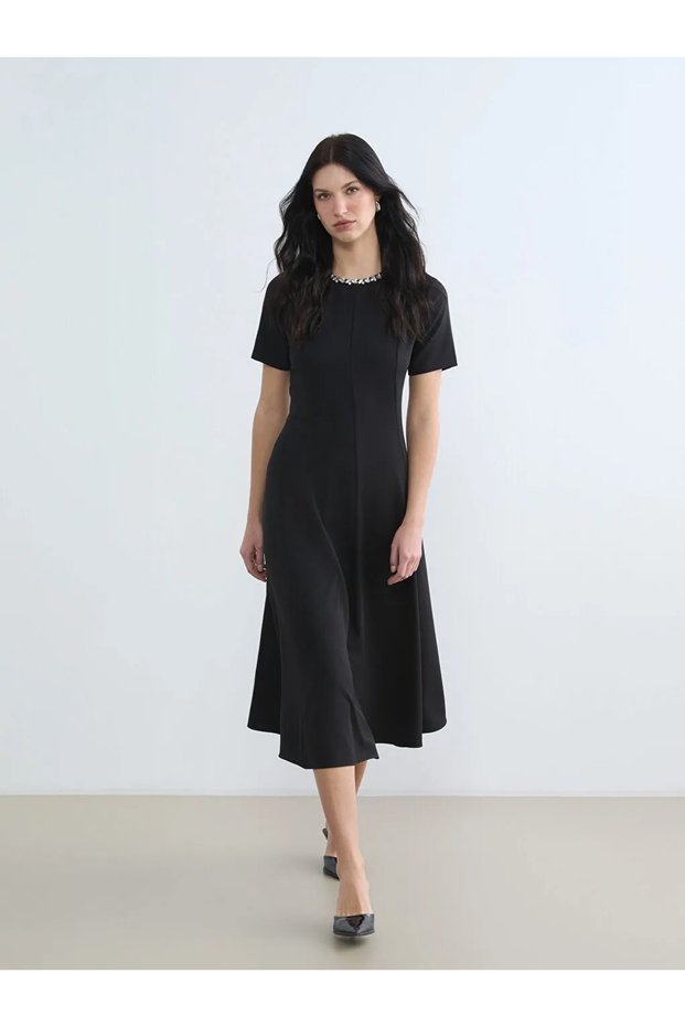 Lcw Comfort Black Crew Neck Stone Embroidered A-Line Women's Dress