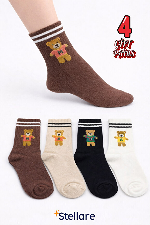 Women's Cute Teddy Bear Figured Socks 4 Pairs