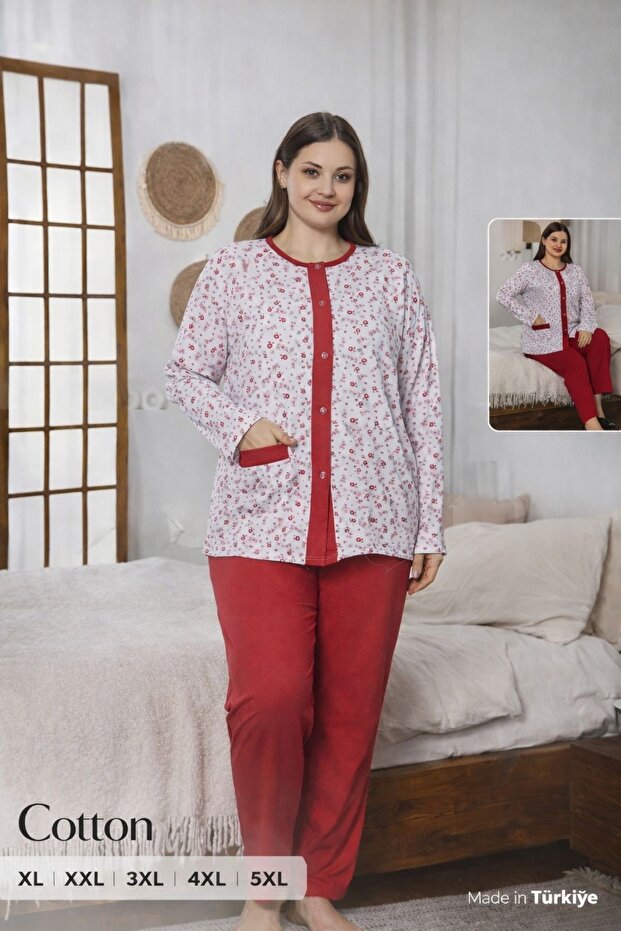 Women's Plus Size Pink Floral Front Buttoned Long Sleeve Cotton Combed Cotton Pajama Set Maternity Pajamas