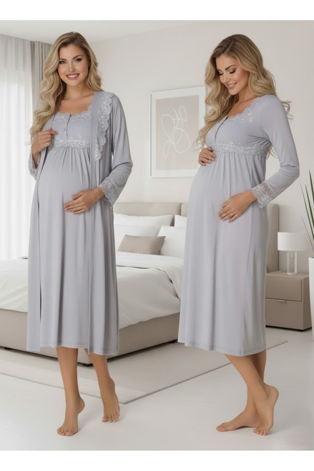 Women's Gray Special Design Lace Embroidered Long Sleeve Cotton Maternity Nightgown Set