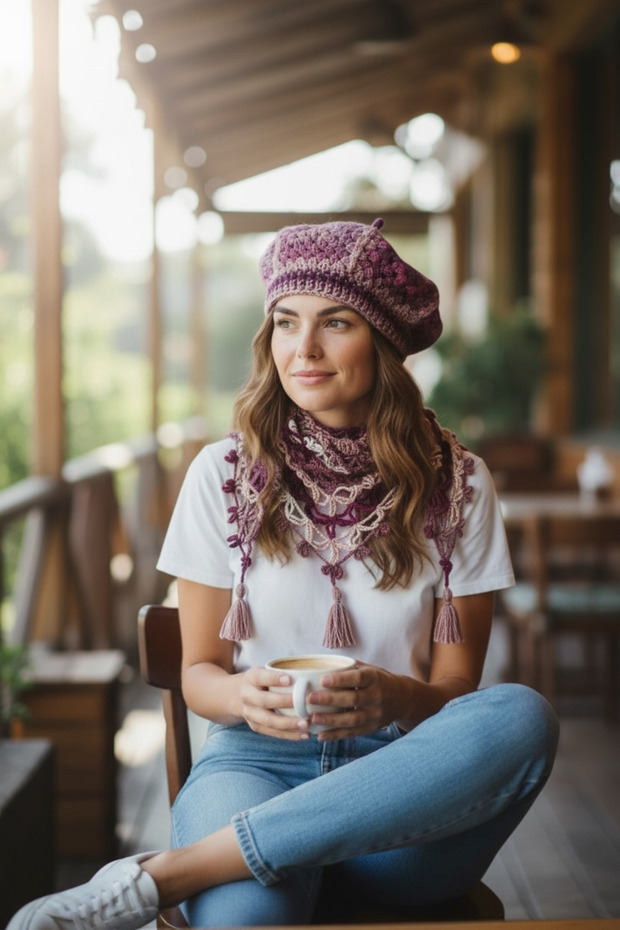 Knitted Motif Bohemian Batik Painter's Beret & Neck Collar Shawl Set