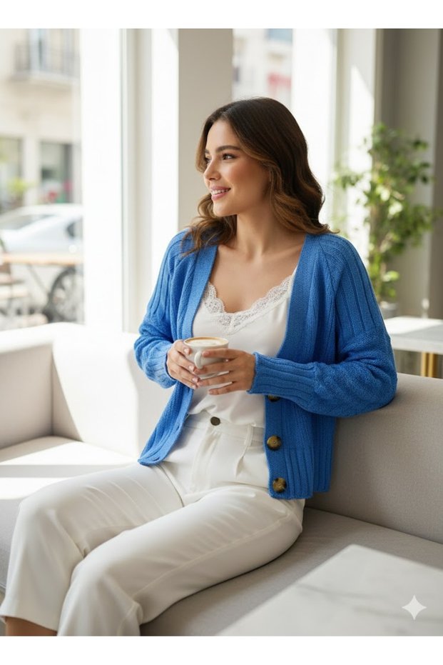 Women's Knitwear Soft Textured 3-Button Petite Short Twist Knit Oversize Cardigan
