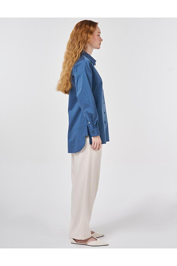 بلوزة قطنية بنمط خطوط باللون النيلي - 6