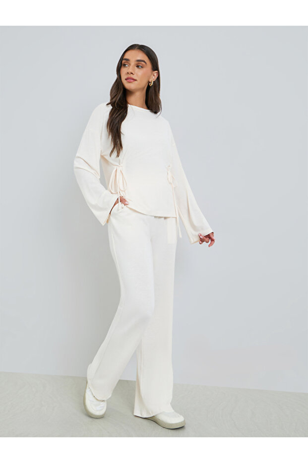 Women Beige Side-Tie Top and Wide Leg Joggers Co-Ords