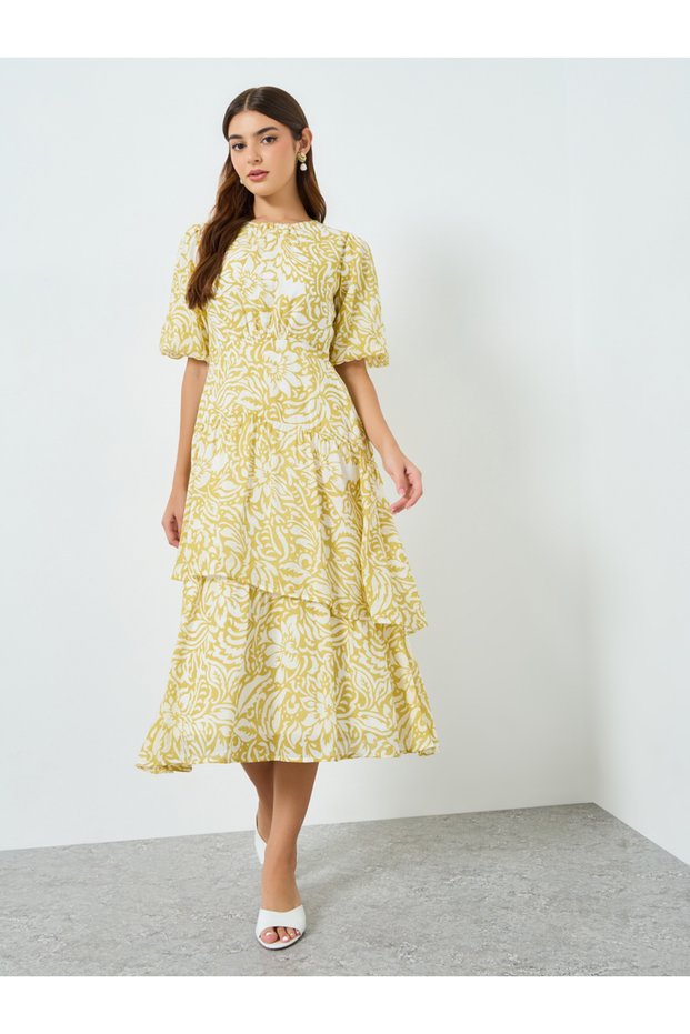 Women Yellow Floral Print Puff Sleeve Midi Dress