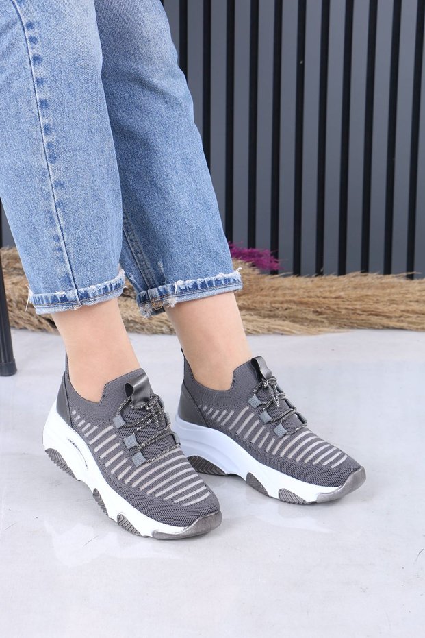 Joella Gray Knitwear Stoned Lace-Up Women's Sports Shoes