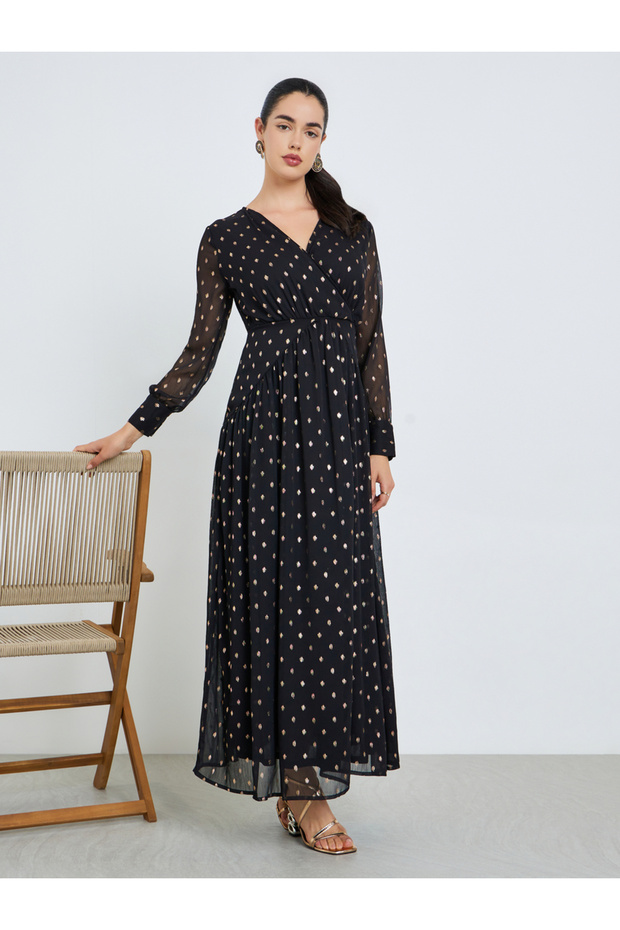 Women Black Gold Foil Print A-Line Flared Maxi Dress