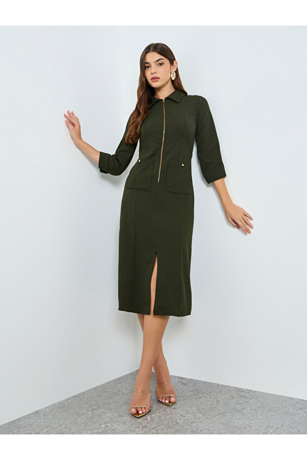 Women Olive Shirt Midi Dress with 3/4th Sleeves