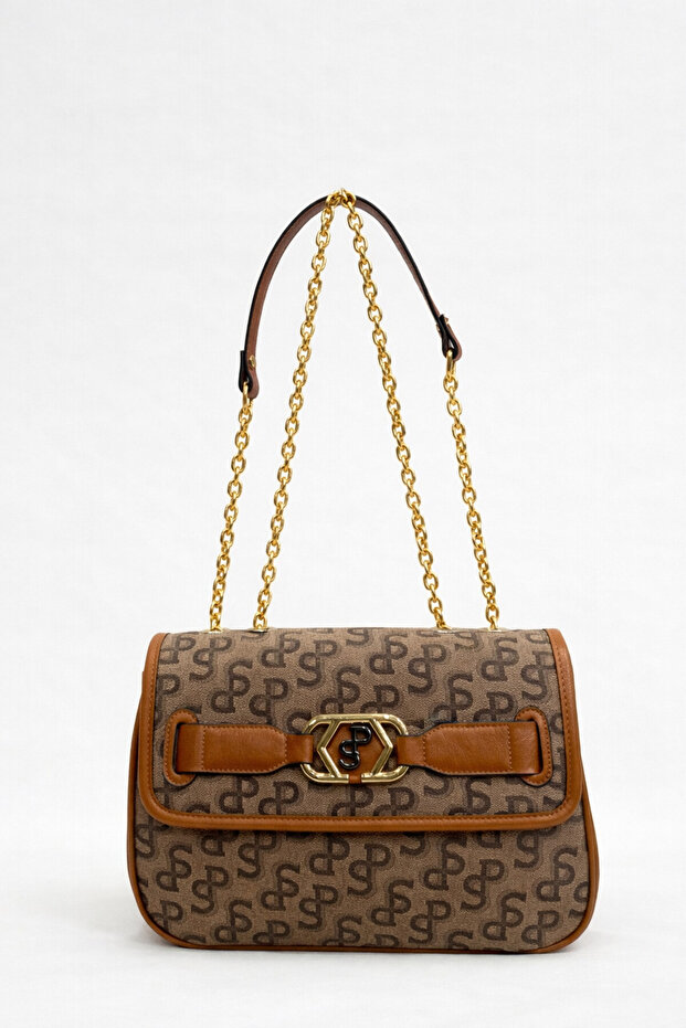 Silver Polo Crossbody Women's Bag Monogram Patterned Tan 1087