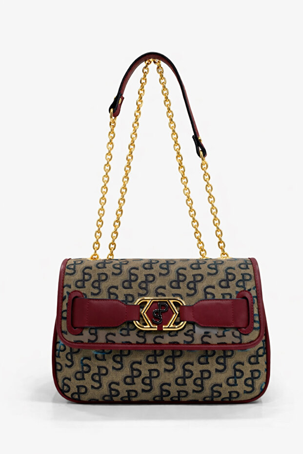 Silver Polo Crossbody Women's Bag Monogram Patterned Mink-Burgundy 1087