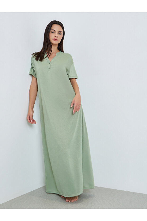 Women Green Notch Neck Buttoned Sleep T-Shirt