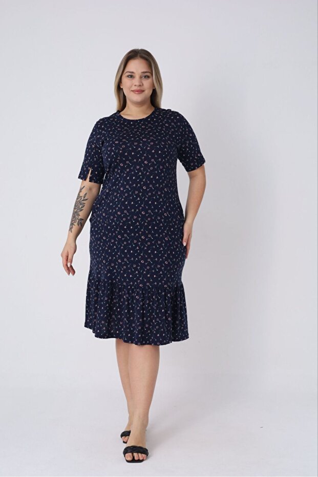Large Size Cotton Modal Dress with Ruffled Sleeves and Ruffled Skirt