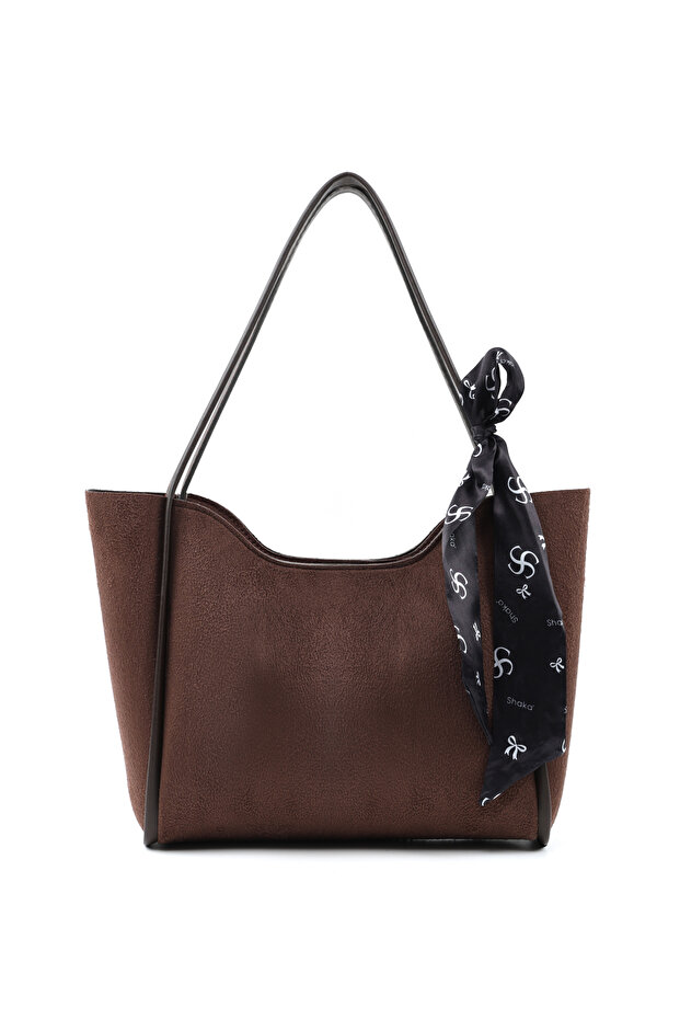 Brown Suede Shk240 Faux Leather Zippered Single Compartment Hand, Arm and Shoulder Bag with Scarf Gift