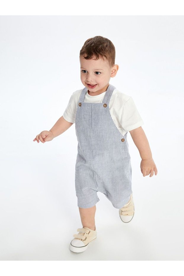 Lcw Baby Ecru Striped Baby Boy Salopet and T-Shirt 2-Pack