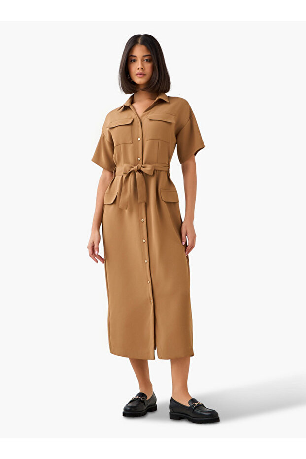 Midi Belted Shirt Dress with Pocket Detail