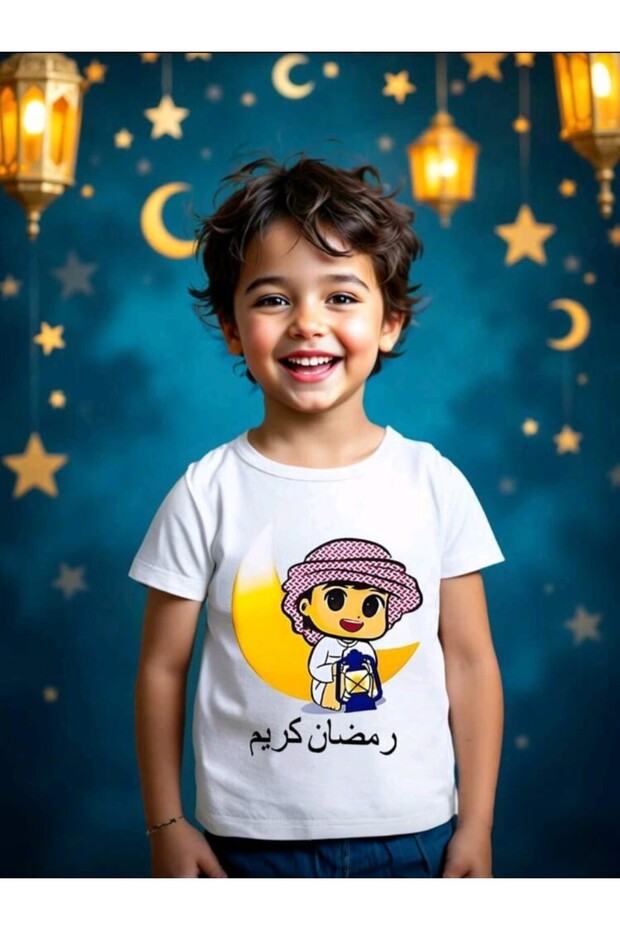 تيشيرت للأولاد مطبوع عليه عيد رمضان، مصنوع من قماش قطني 100%