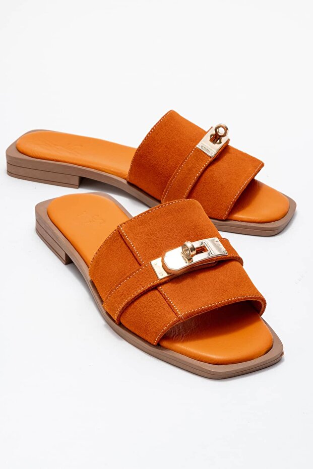 Harbin Women's Genuine Leather Slippers Orange Suede