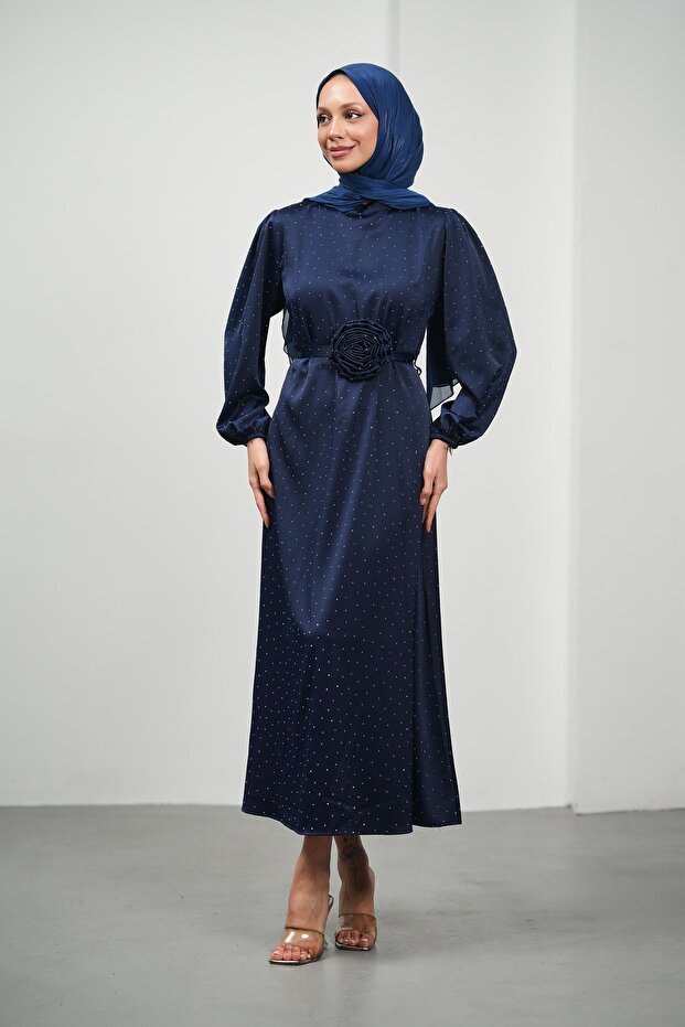 Navy Blue Floral Belted Stoned Satin Evening Dress