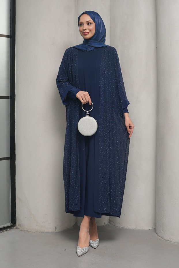 Navy Blue Stone Embroidered Double Abaya Set