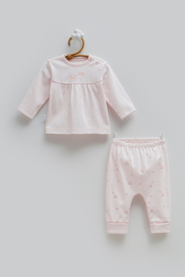 100% Cotton Baby Girl Pink Cute Duck Patterned Long Sleeve Top and Bottom Set