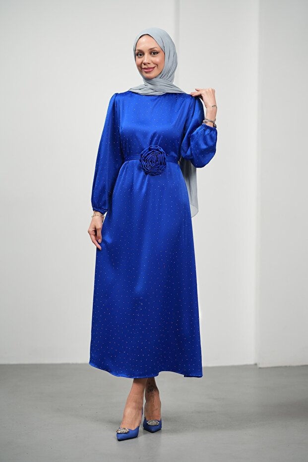 Cobalt Blue Floral Belted Stoned Satin Evening Dress
