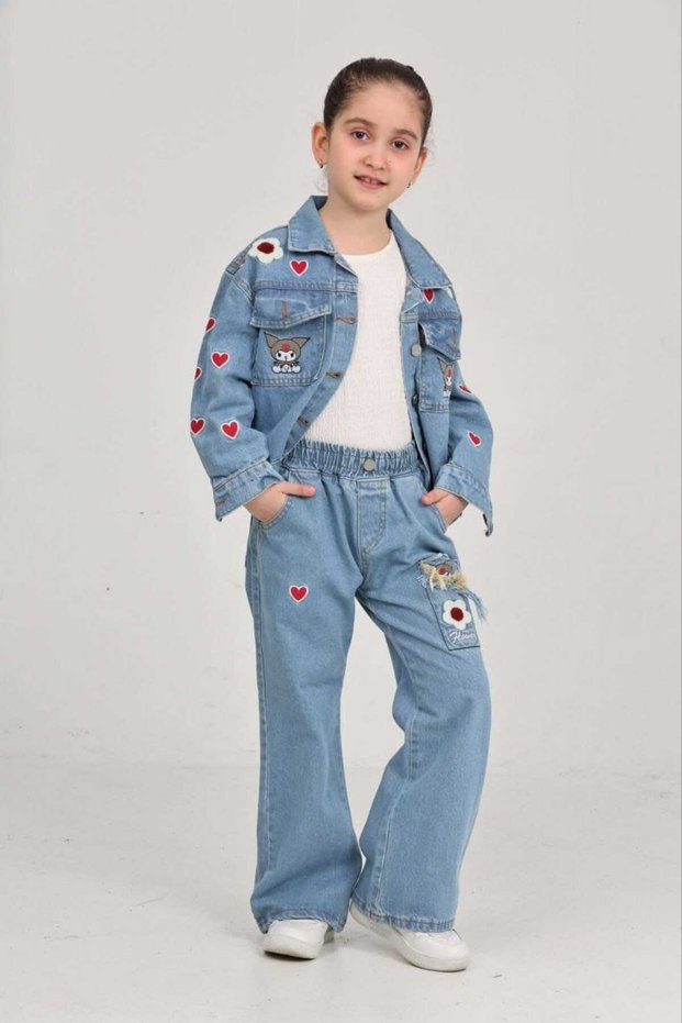 Girl's Heart and Flower Embroidered Denim Set