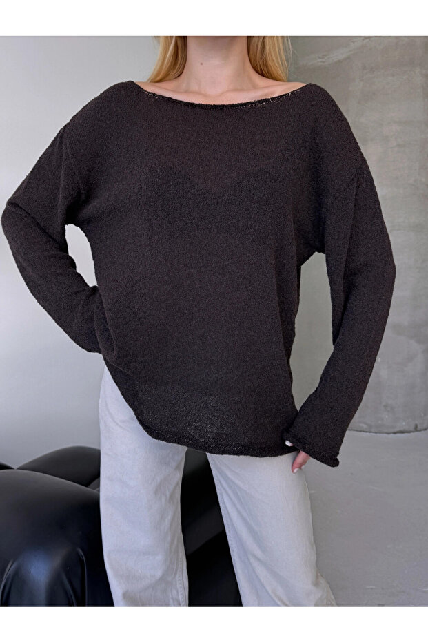 Oversize Kayık Yaka Triko Bluz - 7