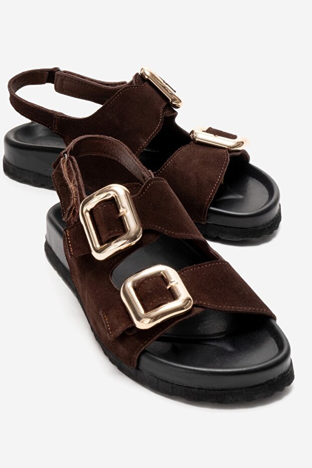 Janset Women's Genuine Leather Sandals Brown Suede