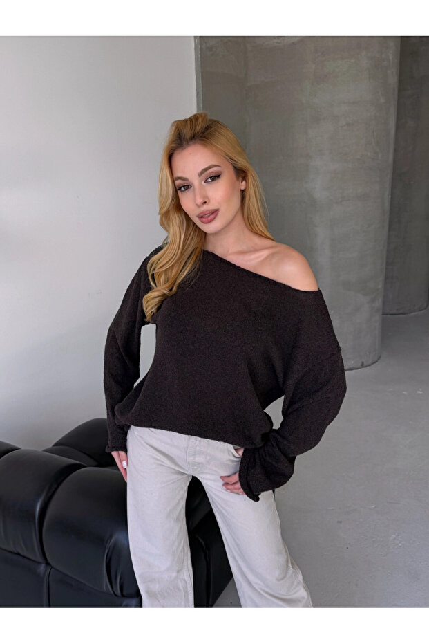 Oversize Kayık Yaka Triko Bluz - 3