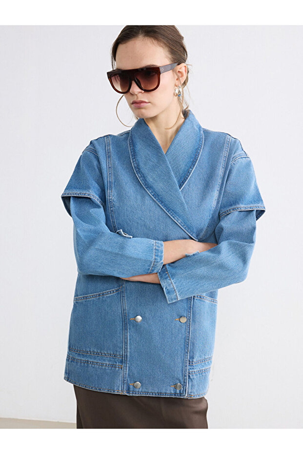 Indigo k Double-Breasted collar women's jean jacket