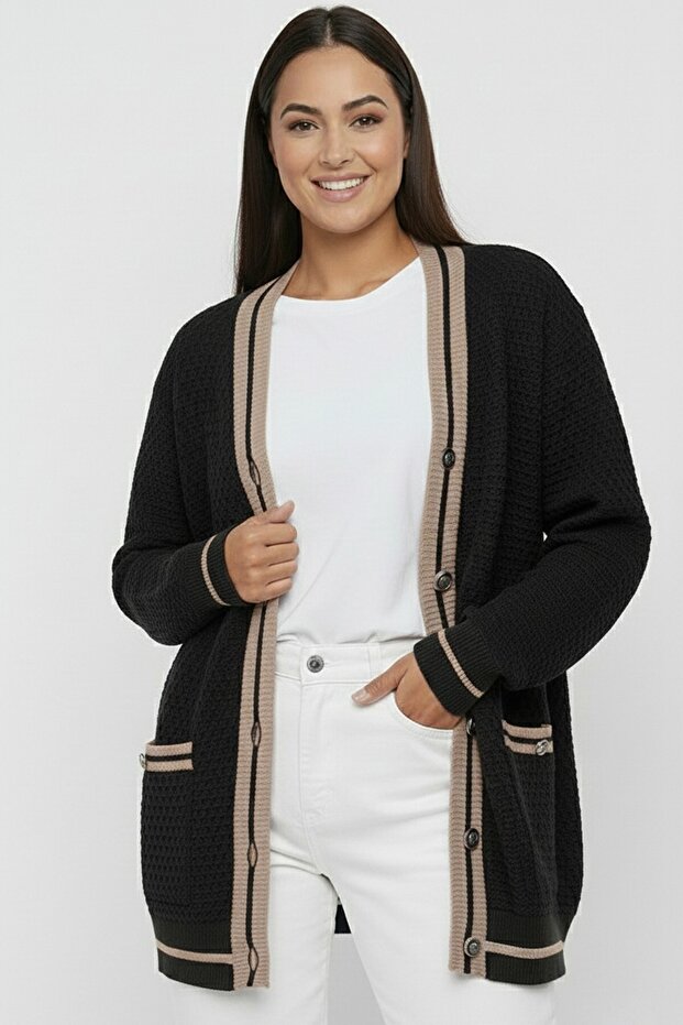 Women's Button-Front Double-Pocket Striped Plus Size Knitwear Cardigan