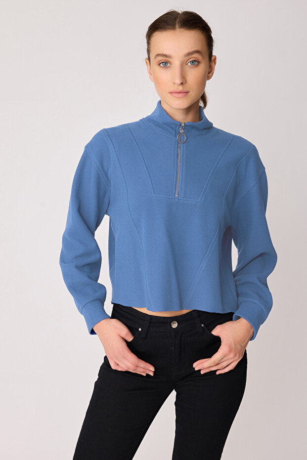 Dik Yaka Fermuarlı Örme Sweatshirt - 1