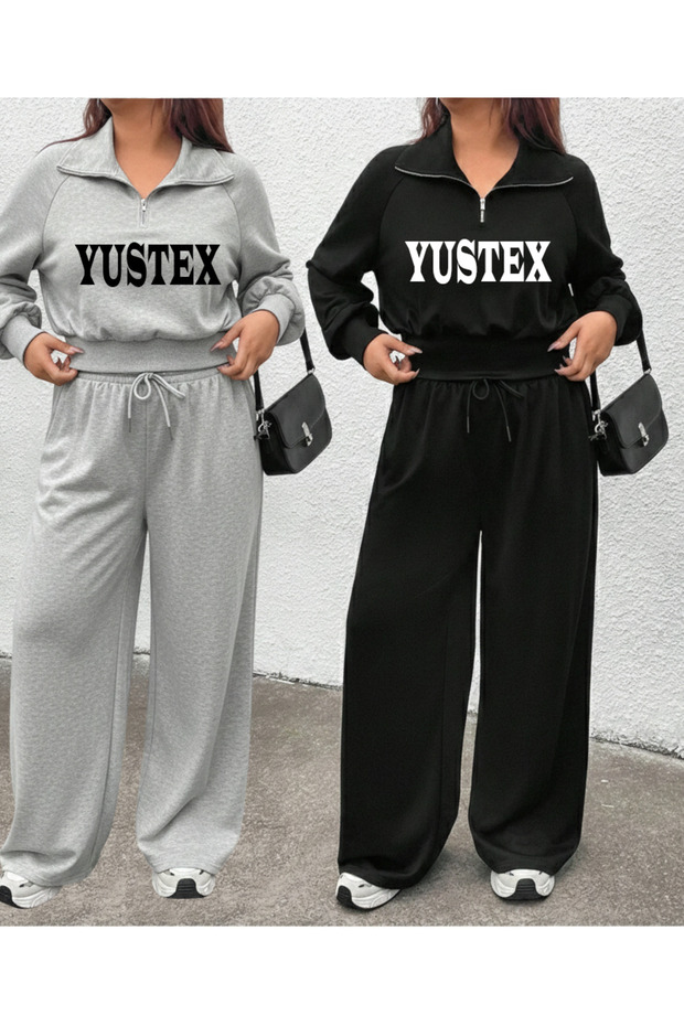 Women's Oversized 2-Piece Winter Cotton Lined Black and Gray Loose Cut Lace-Up Thick Fabric Sweatpants