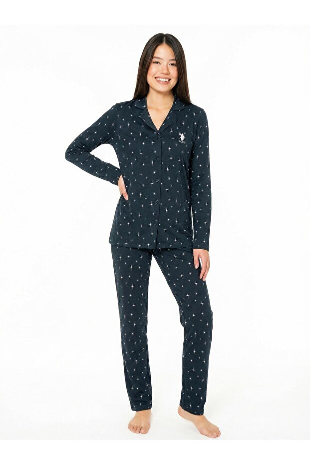 Women's Long Sleeve Front Buttoned Navy Blue Pajama Set C3T7N102