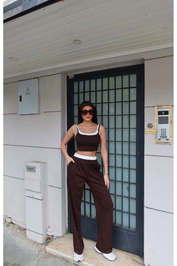 Women's Two-Piece Set: Crop Top with Integrated Straps and Wide-Leg Pants with Integrated Detailing