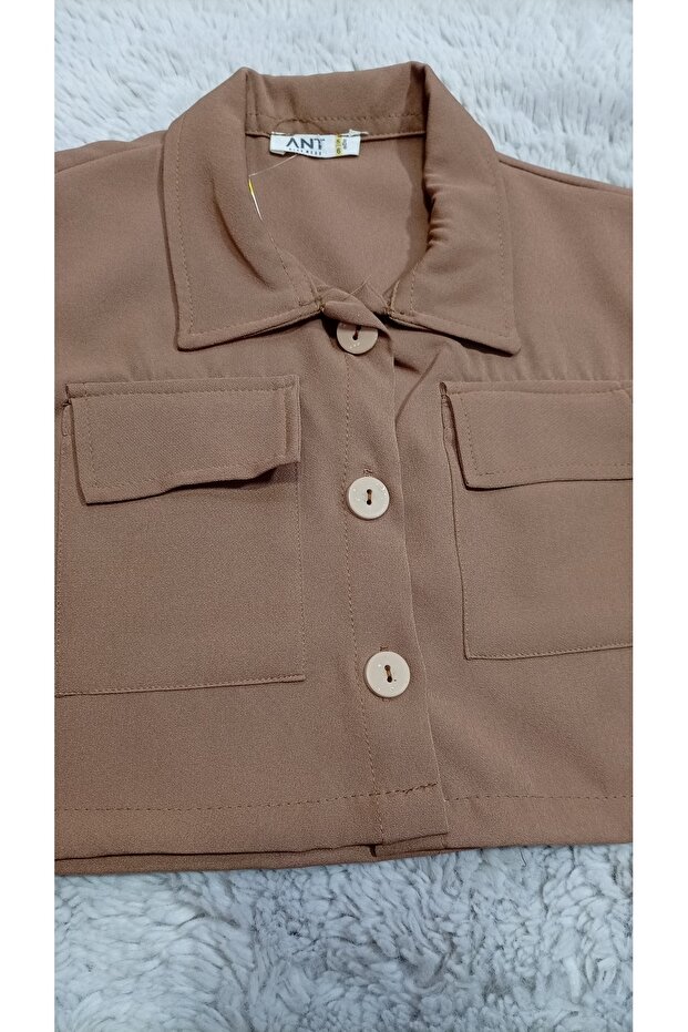 Girls' Brown Crop Shirt and Pants Two-Piece Set