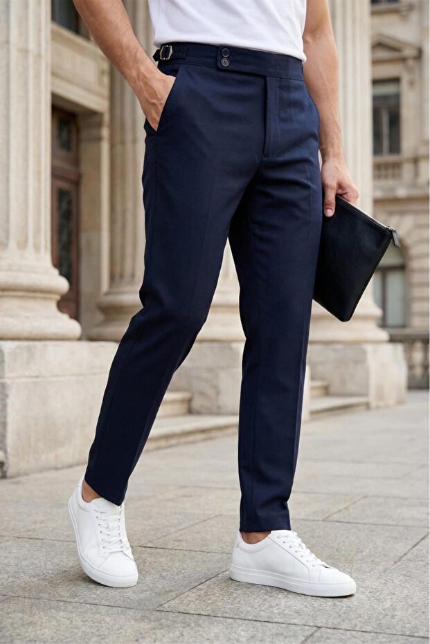 Gurkha Style Side Adjustable Metal Buckle Slim Fit Men's Suit Trousers Special Cut Double-Breasted Waist