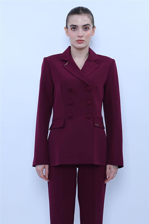 Buttoned Classic Blazer Jacket - Plum - 1181100