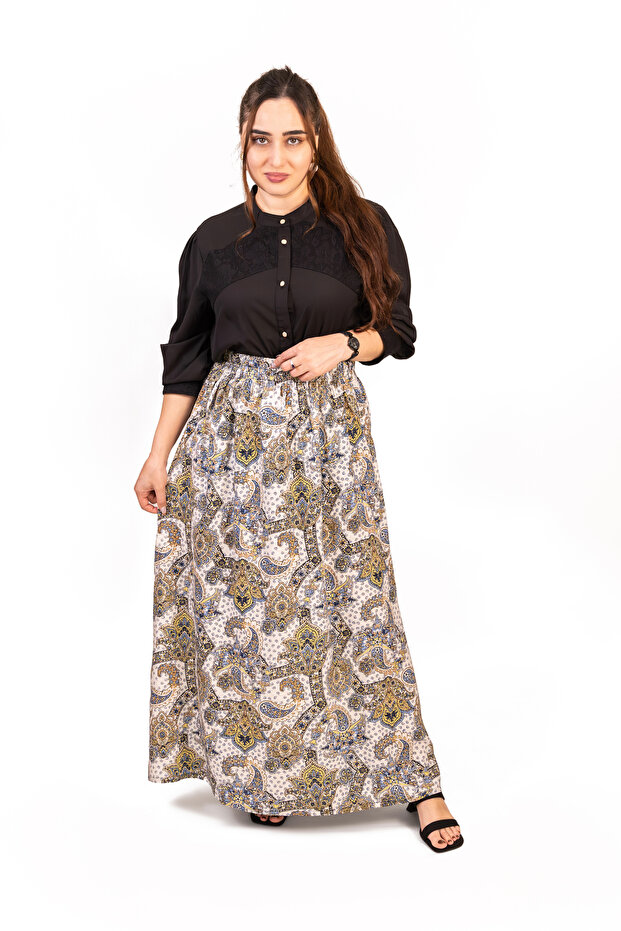 Ivory & Multicolor Traditional Motif Printed Woven Skirt