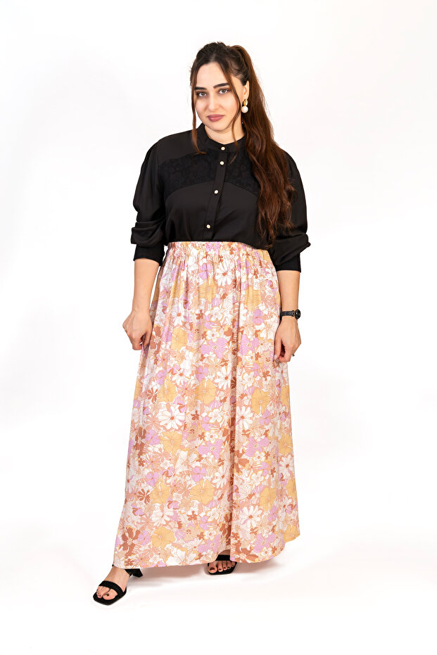 Lilac & Brown Tone Floral Printed Woven Skirt