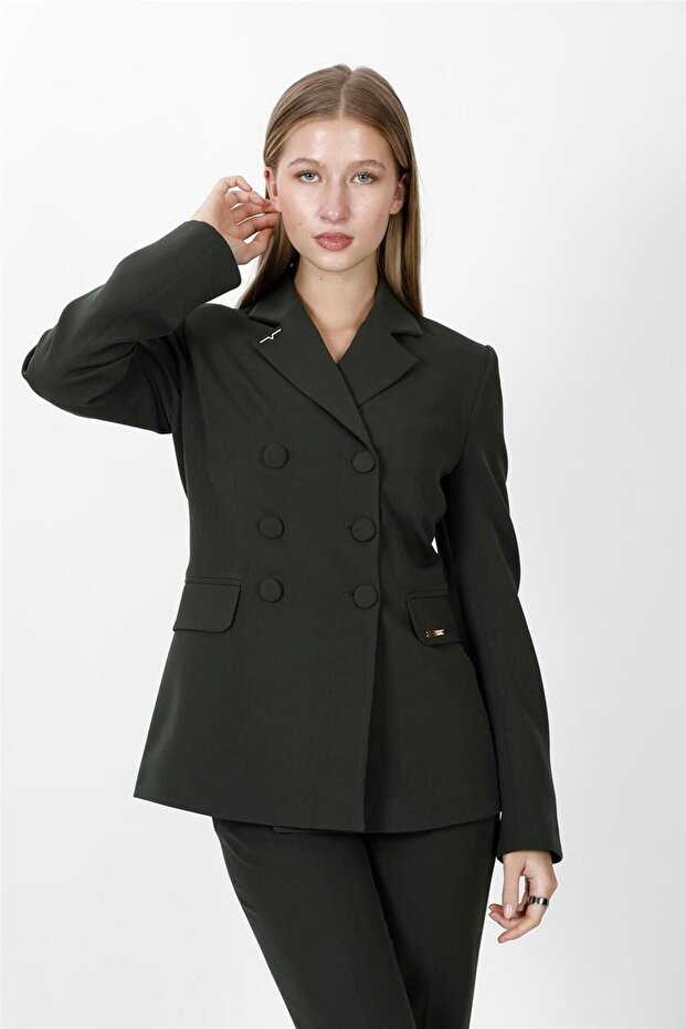 Buttoned Classic Blazer Jacket-Khaki - 1181100